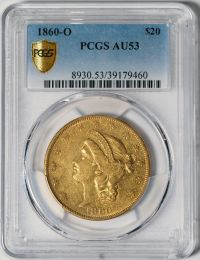 1860-O $20 Liberty -- PCGS AU53