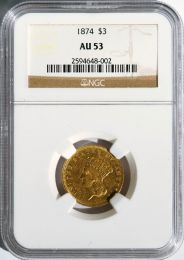 1874 $3 Gold Piece -- NGC AU53