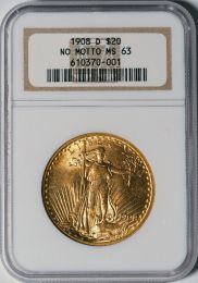 1908-D No Motto $20 Saint Gaudens -- NGC MS63